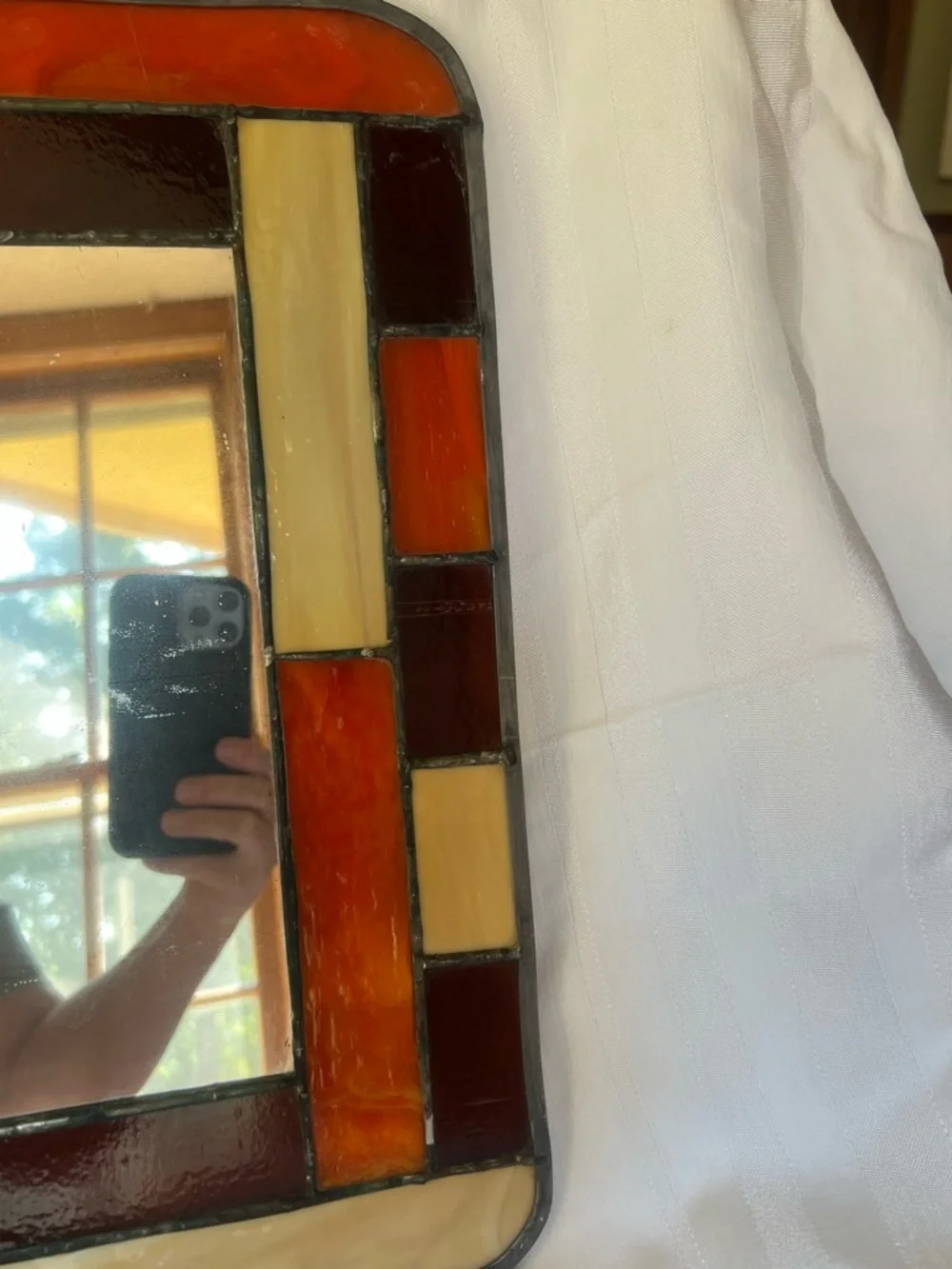 Stained Glass Framed Wall Mirror in Amber, Cream, and Burgundy